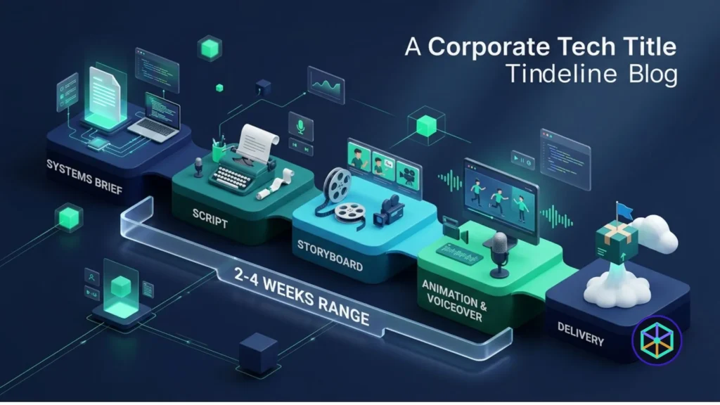Five-stage isometric explainer video production timeline from brief to delivery