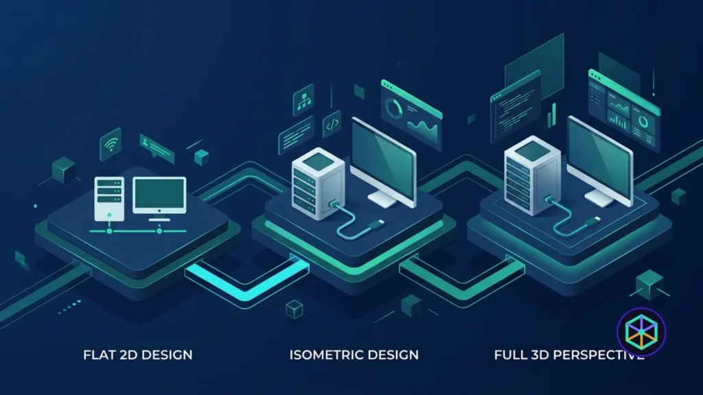 The same software scene shown in flat 2D, isometric 2.5D and full 3D perspective